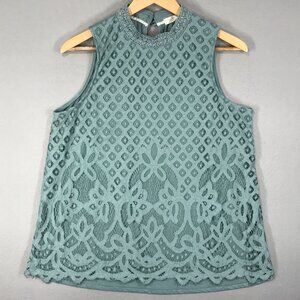 Rewind Blouse Women's XL Green Tank Top Sleeveless Lace High Neck Keyhole